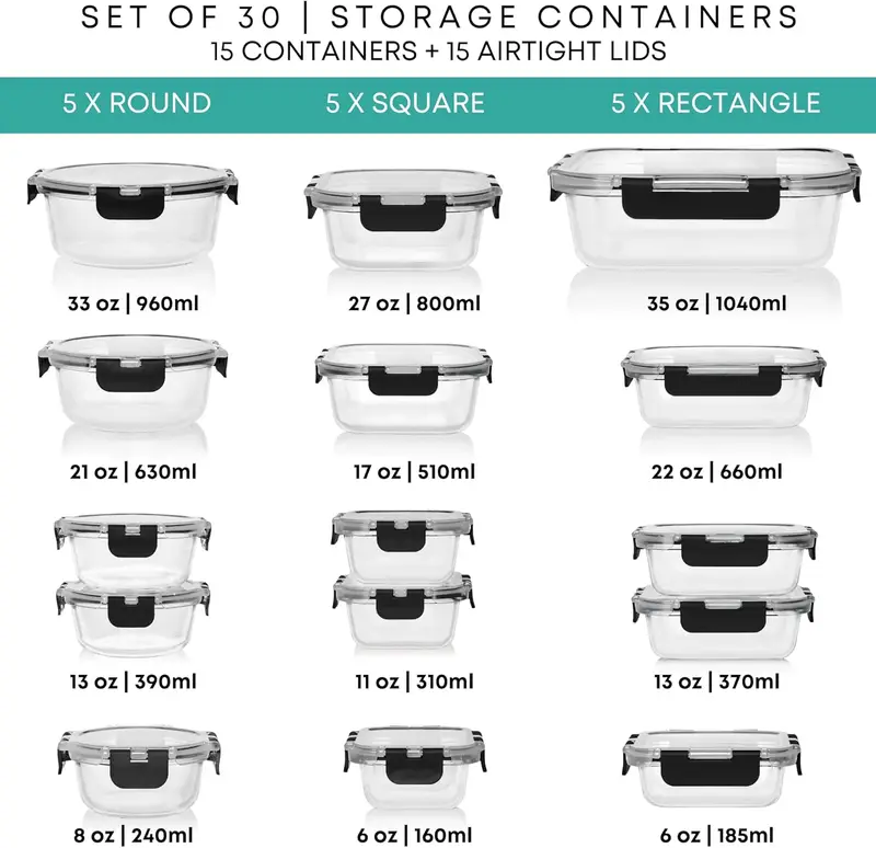 Special Discounted Price:Razab 30 PC Glass Food Storage Containers with Lids – Reusable Glass Meal Prep Containers for Lunch and Leftovers – Airtight & Leakproof Snap Locking Lids – Oven, Freezer, Microwave, Dishwasher Safe - Image 3