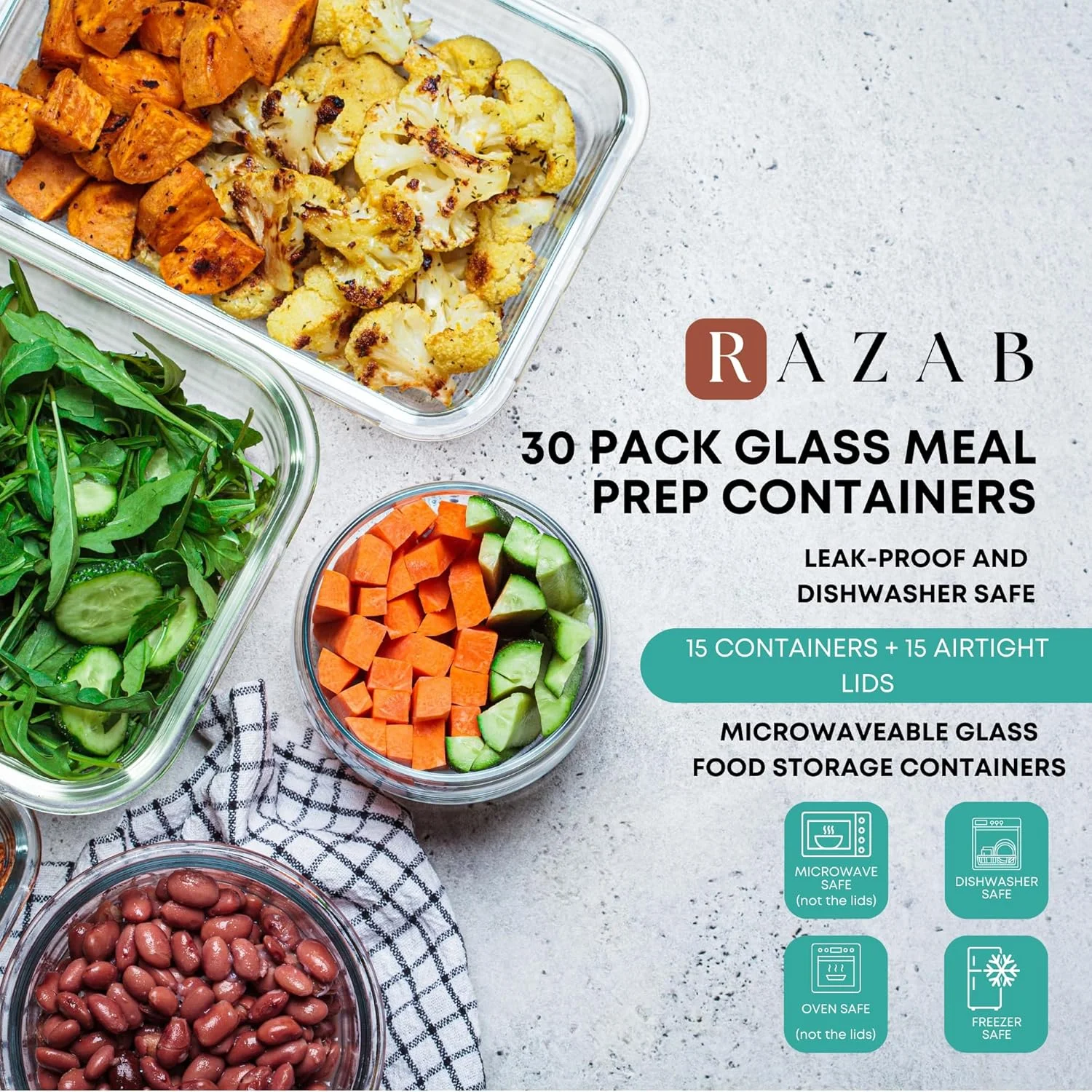 Special Discounted Price:Razab 30 PC Glass Food Storage Containers with Lids – Reusable Glass Meal Prep Containers for Lunch and Leftovers – Airtight & Leakproof Snap Locking Lids – Oven, Freezer, Microwave, Dishwasher Safe - Image 5